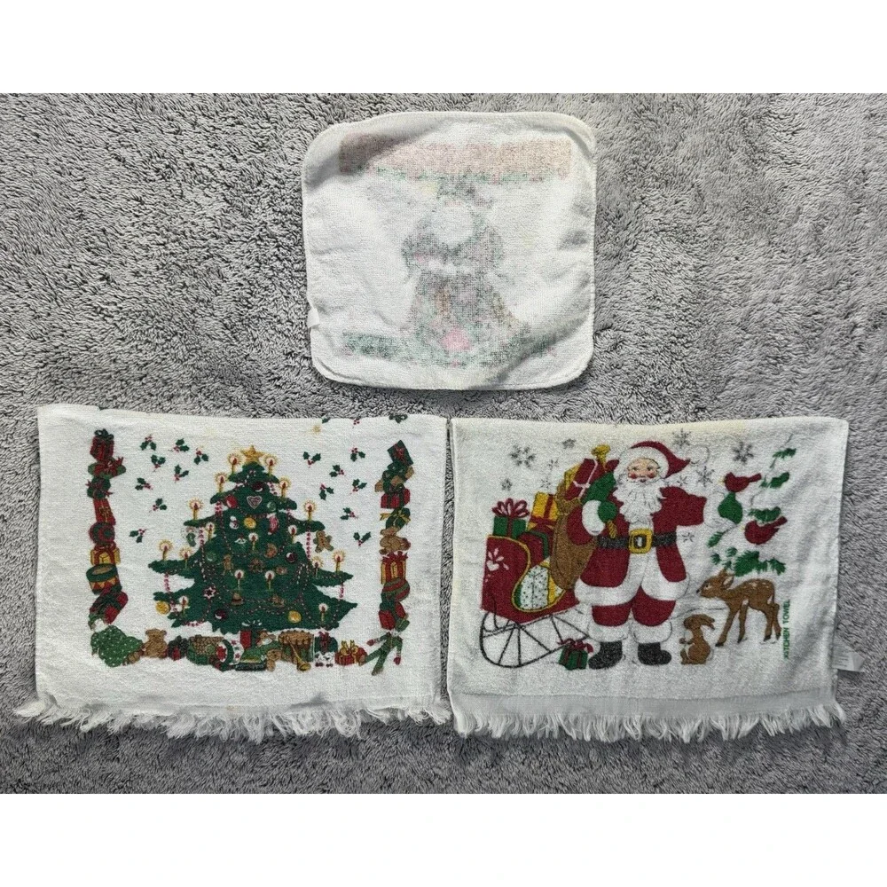 3 Vintage Christmas Cotton Kitchen Towels Fringe Santa Reindeer Tree‎ Cannon B&D